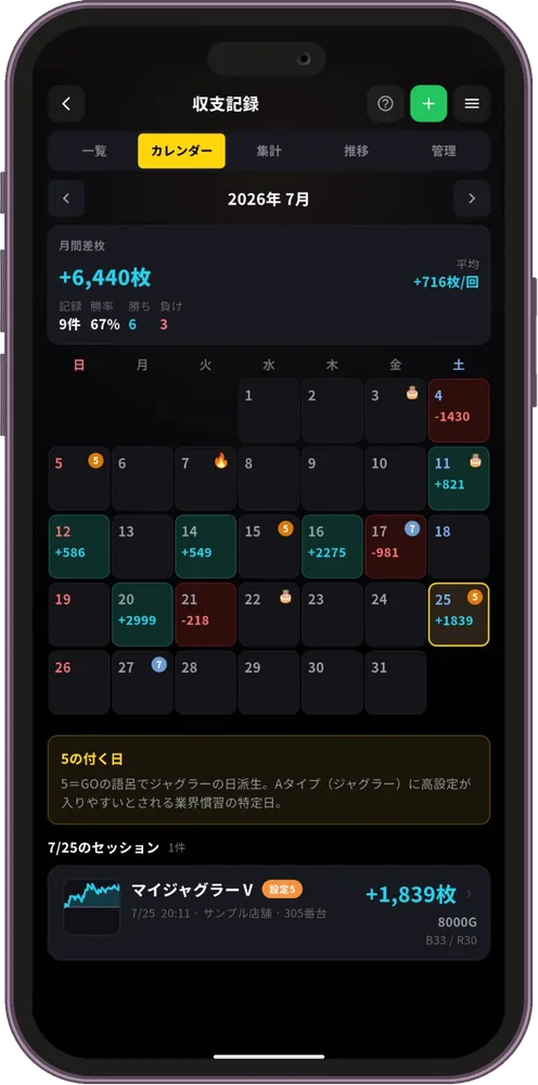 収支カレンダー画面